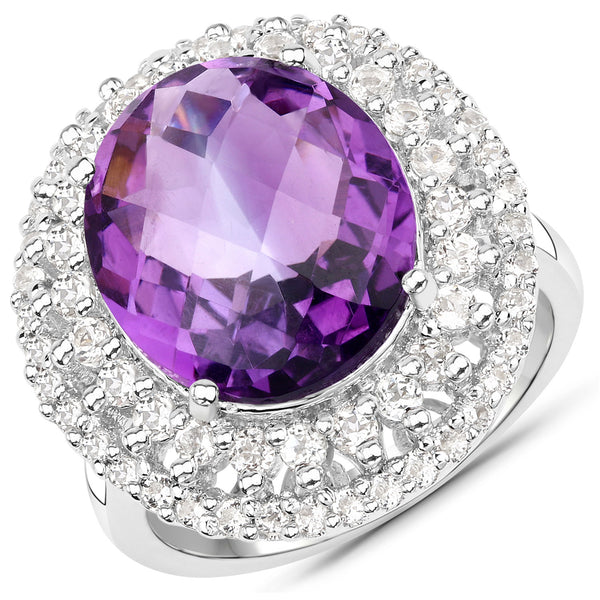 8.41 Carat Genuine Amethyst and White Topaz .925 Sterling Silver Ring