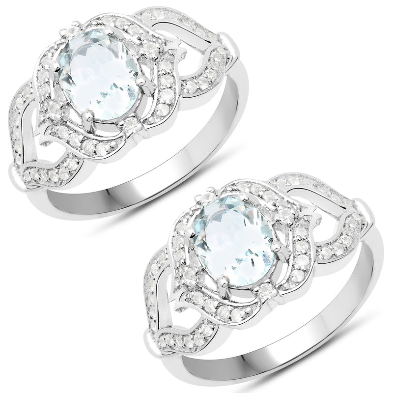 1.37 Carat Genuine Aquamarine and White Zircon .925 Sterling Silver Ring