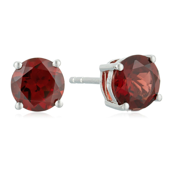 925 Sterling Silver Women  Stud Earring Red Garnet Round