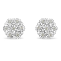 .925 Sterling Silver 1/10 Cttw Round-Cut Diamond Miracle-Set Floral Cluster Button Stud Earrings (I-J Color, I2-I3 Clarity)