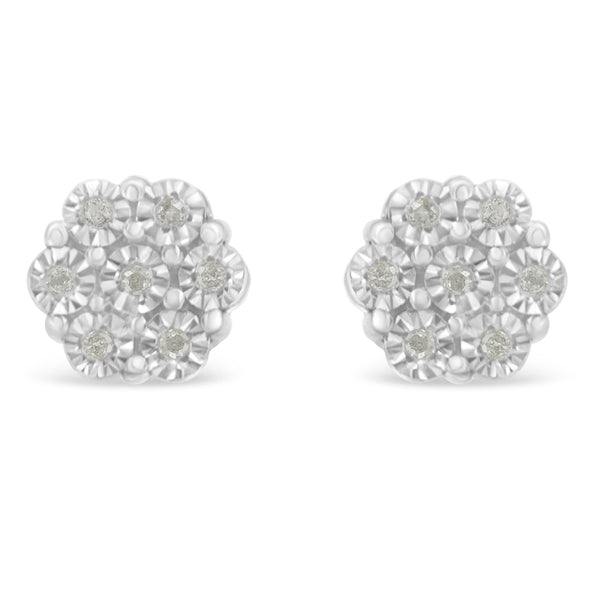 .925 Sterling Silver 1/10 Cttw Round-Cut Diamond Miracle-Set Floral Cluster Button Stud Earrings (I-J Color, I2-I3 Clarity)