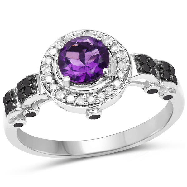 1.02 Carat Genuine Amethyst, Black Diamond & White Diamond .925 Sterling Silver Ring