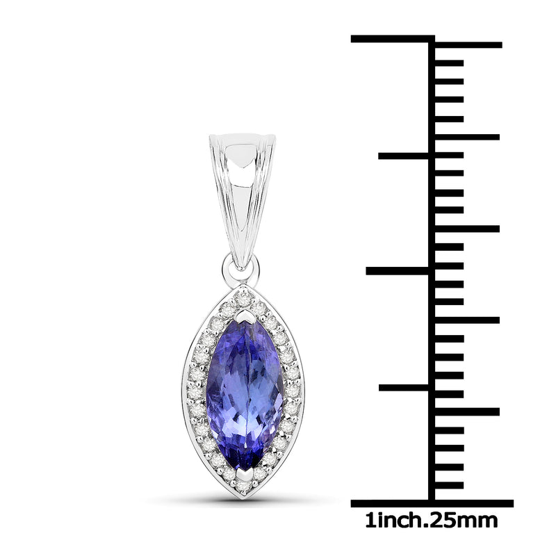 14K White Gold 1.67 Carat Genuine Tanzanite and White Diamond Pendant