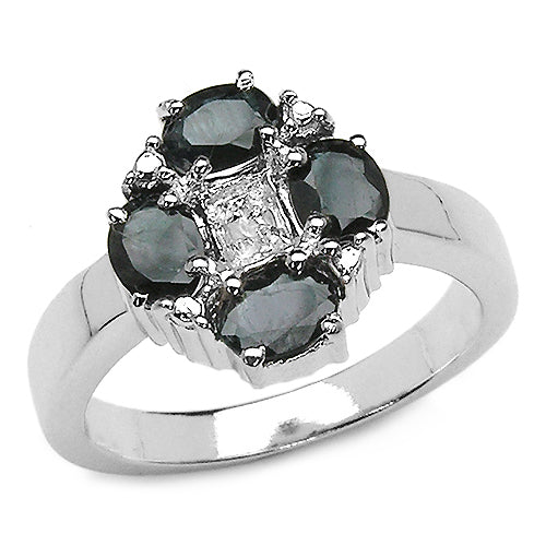 2.02 Carat Genuine Black Sapphire & White Topaz .925 Sterling Silver Ring