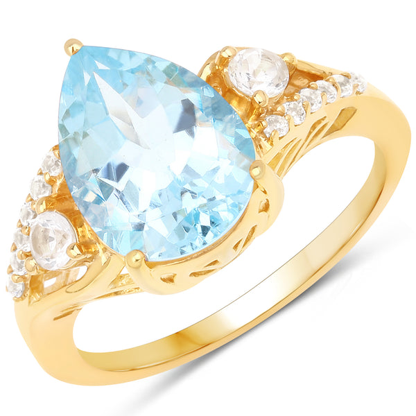 14K Yellow Gold Plated 3.98 Carat Genuine Blue Topaz and White Topaz .925 Sterling Silver Ring