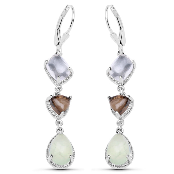 9.56 Carat Genuine Crystal Quartz, Smoky Quartz and Prehnite .925 Sterling Silver Earrings