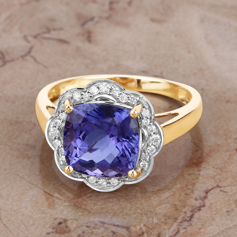 3.71 Carat Genuine Tanzanite and White Diamond 14K Yellow Gold Ring