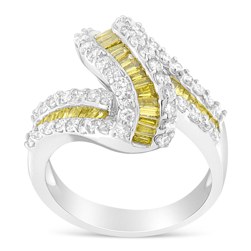 14k White Gold 1 1/2ct TDW Treated Yellow Baguette and Round Diamond Swirl Ring(H-I I1-I2)