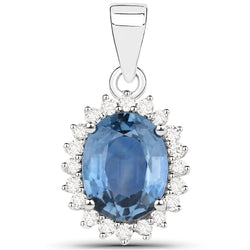 2.55 Carat Genuine Blue Sapphire and White Diamond 14K White Gold Pendant