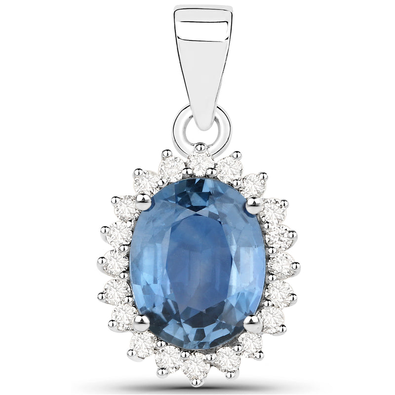 2.55 Carat Genuine Blue Sapphire and White Diamond 14K White Gold Pendant