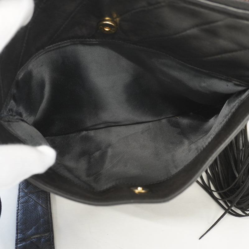 Auth Chanel Shoulder Bag Fringe Shoulder Lambskin Black Gold Metal