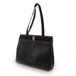 Auth Salvatore Ferragamo Tote Bag Embossed Leather Black Gold Metal