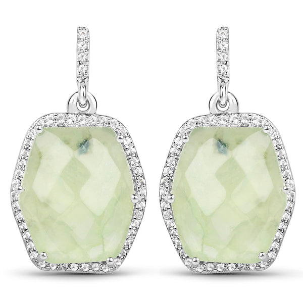 15.25 Carat Genuine Prehnite and White Topaz .925 Sterling Silver Earrings