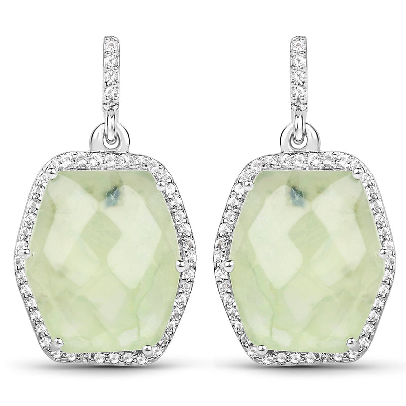 15.25 Carat Genuine Prehnite and White Topaz .925 Sterling Silver Earrings