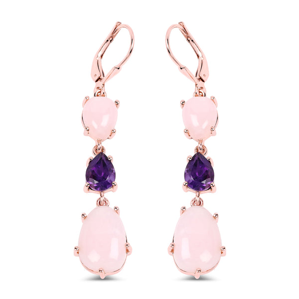 14K Rose Gold Plated 12.72 Carat Genuine Pink Opal and Amethyst .925 Sterling Silver Earrings