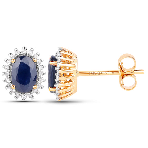 1.22 Carat Genuine Blue Sapphire and White Diamond 14K Yellow Gold Earrings