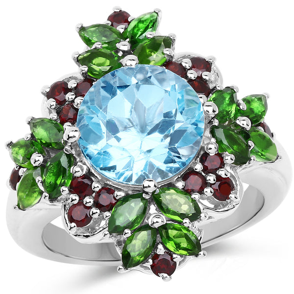 5.76 Carat Genuine Blue Topaz, Chrome Diopside & Garnet .925 Sterling Silver Ring