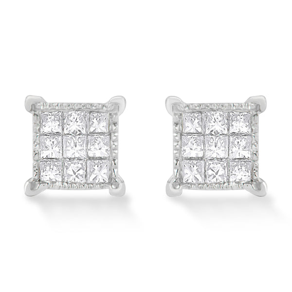 10K White Gold 1/3 Cttw Invisible Set Princess-Cut Diamond 18 Stone Composite Stud Earrings with Screwbacks (I-J Color, SI2-I1 Clarity)