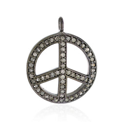 925 Sterling Silver Pave Diamond Peace Sign Pendant Women's Oxidized Jewelry