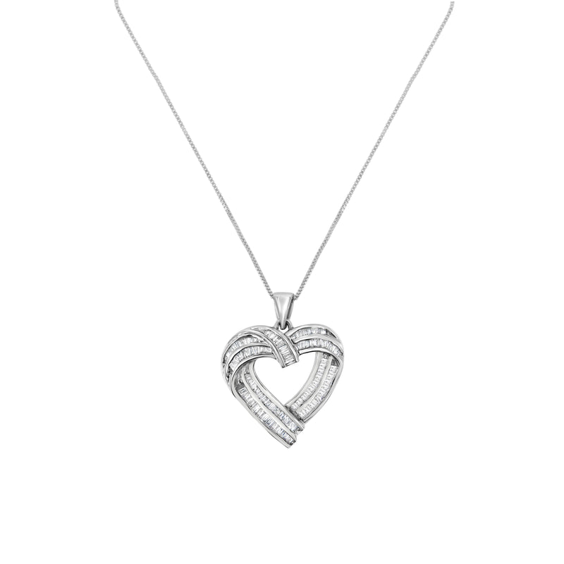 Sterling Silver 7/8 cttw Baguette Diamond Heart Pendant Necklace (I-J, I2-I3)
