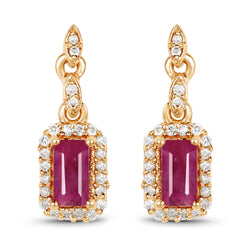 0.78 Carat Genuine Ruby and White Diamond 14K Yellow Gold Earrings