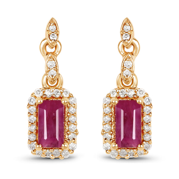 0.78 Carat Genuine Ruby and White Diamond 14K Yellow Gold Earrings