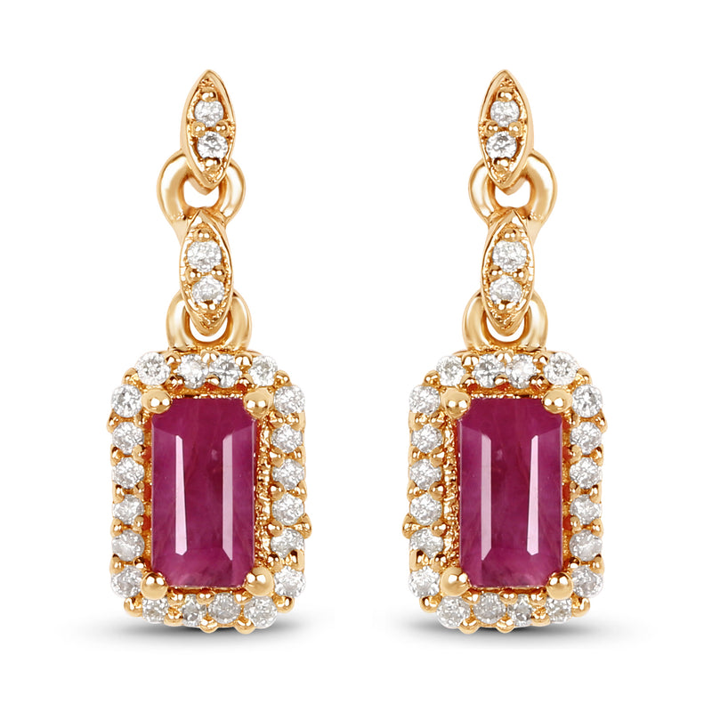 0.78 Carat Genuine Ruby and White Diamond 14K Yellow Gold Earrings