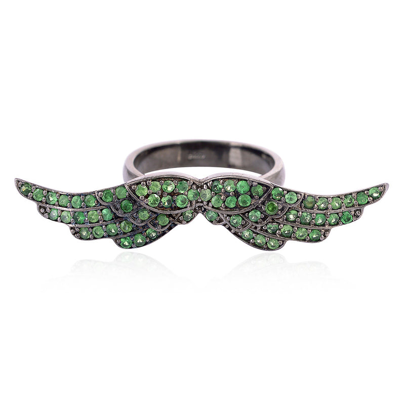 0.95ct Tsavorite Angel Wing Style Knuckle Ring 925 Sterling Silver Women Jewelry