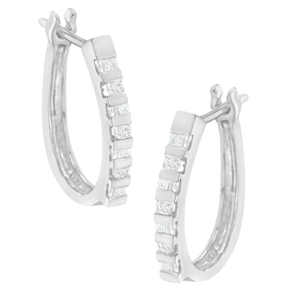 10K Yellow Gold Round and Baguette Cut Diamond Oblong Hinged Leverback Hoop Earrings (¼ Cttw, I-J Color, I2-I3 Clarity)