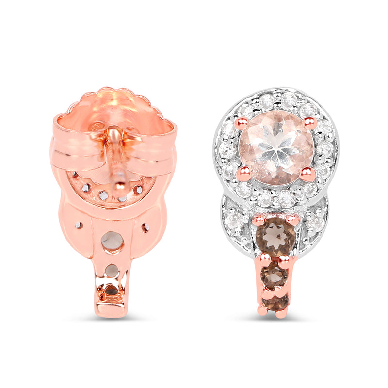 18K Rose Gold Plated 0.84 Carat Genuine Morganite, Smoky Quartz and White Zircon .925 Sterling Silver Earrings