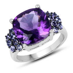 6.34 Carat Genuine Amethyst and Tanzanite .925 Sterling Silver Ring