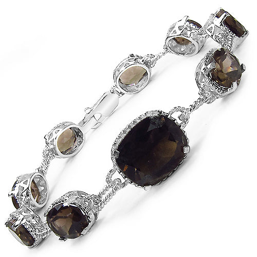 18.53 Carat Genuine Smoky Quartz & White Diamond .925 Sterling Silver Bracelet