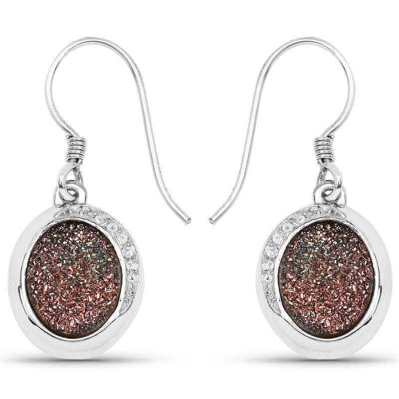 4.72 Carat Genuine Copper Bloom Drusy and White Topaz .925 Sterling Silver Earrings