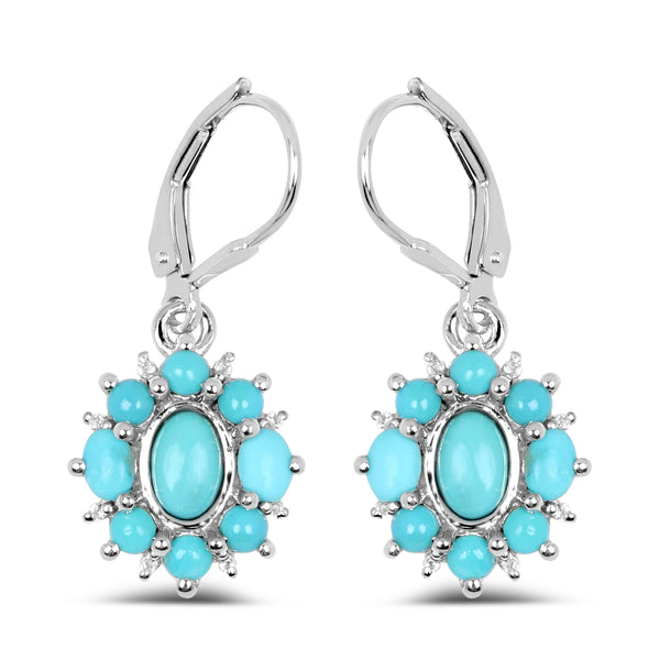 3.26 Carat Genuine Turquoise and White Topaz .925 Sterling Silver Earrings