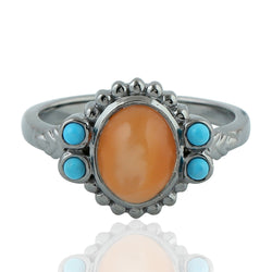 Oval Peach Moonstone Stone Ring Oxidized 925 Silver Jewelry