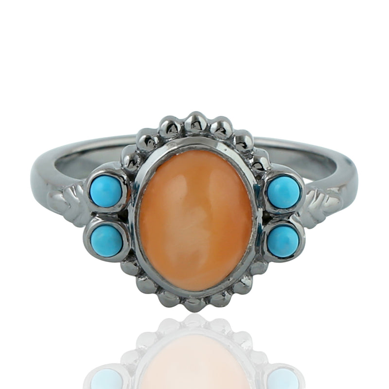 Oval Peach Moonstone Stone Ring Oxidized 925 Silver Jewelry