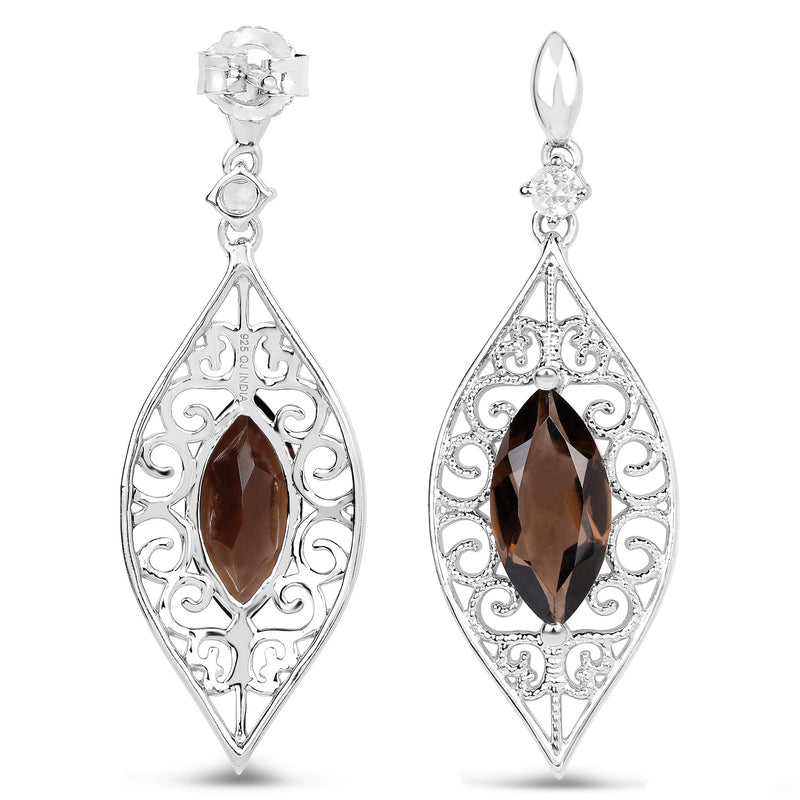 5.09 Carat Genuine Smoky Quartz And White Topaz .925 Sterling Silver Earrings