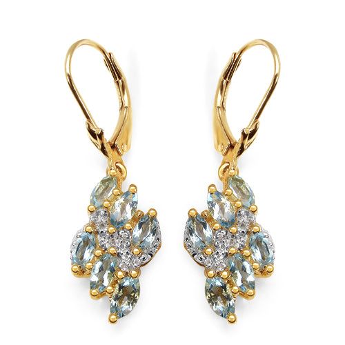 14K Yellow Gold Plated 1.55 Carat Genuine Aquamarine & White Topaz .925 Sterling Silver Earrings