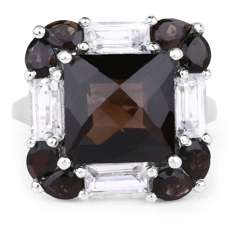 7.43 Carat Genuine Smoky Quartz & White Topaz .925 Sterling Silver Ring