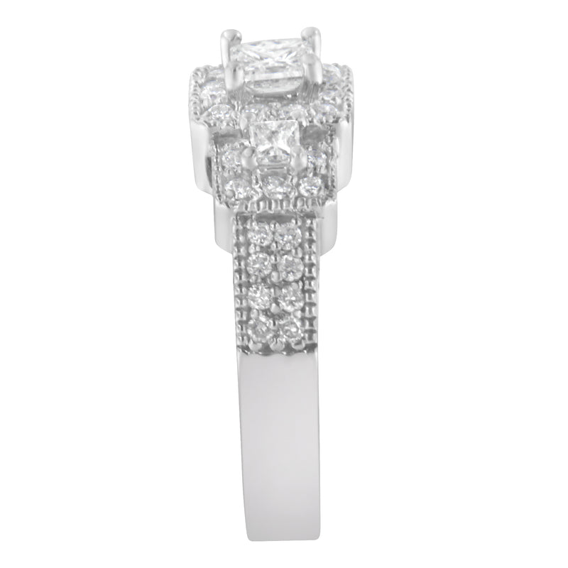14K White Gold Round and Princess-Cut Diamond Three Stone Ring (1 Cttw, H-I Color, I1-I2 Clarity) - Size 7