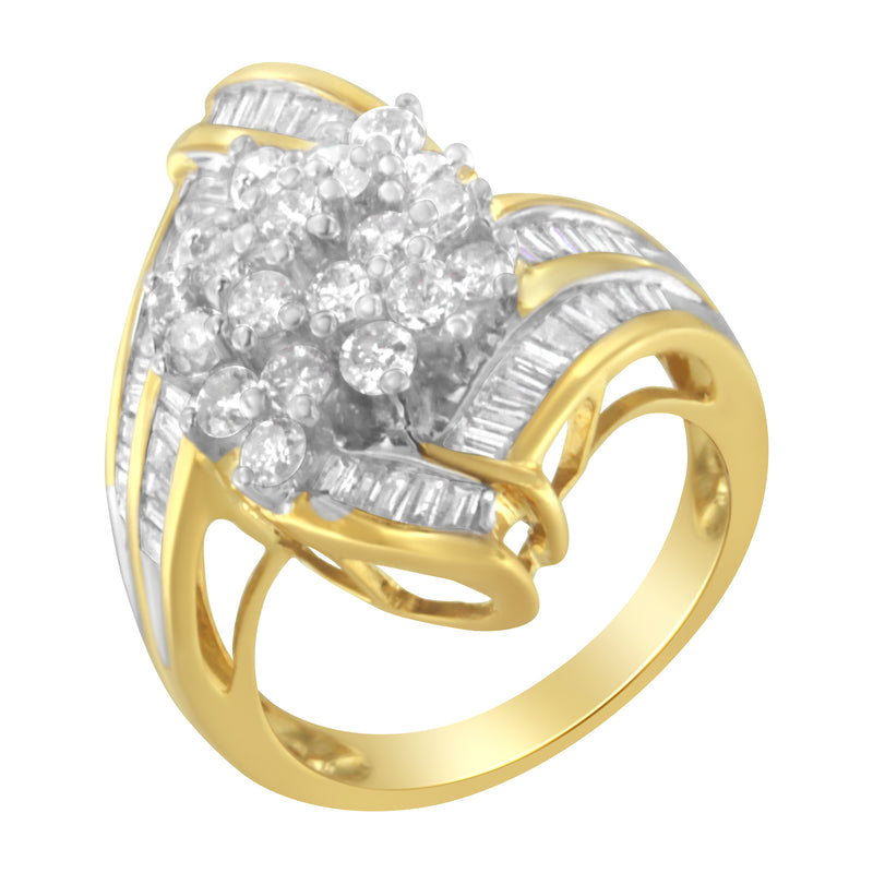 10K Yellow Gold Round and Baguette Diamond Swirl Ring (2.0 Cttw, J-K Color, I2 Clarity) - Size 6-3/4