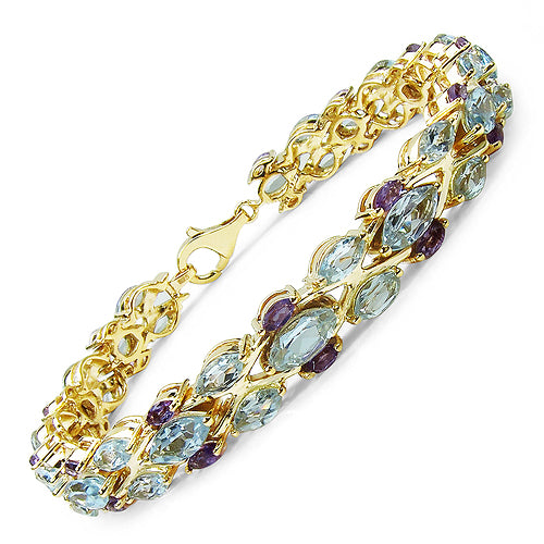 14K Yellow Gold Plated 16.32 Carat Genuine Blue Topaz & Amethyst .925 Sterling Silver Bracelet