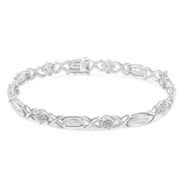 .925 Sterling Silver 1.0 Cttw Round-Cut and Baguette-Cut Diamond X-Link Bracelet (I-J Color, I1-I2 Clarity) - 7"