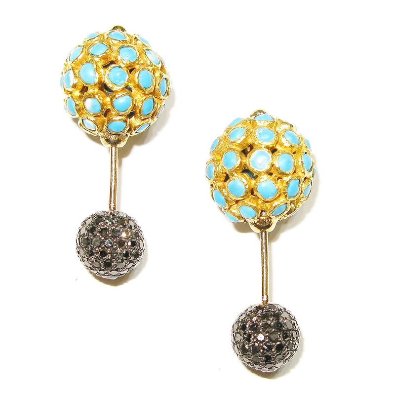 Black Diamond & Pave Turquoise Double Sided Earrings 14k Yellow Gold Jewelry