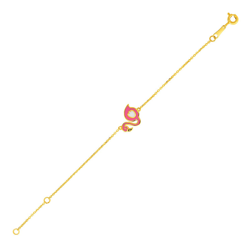 14k Yellow Gold 5 1/2 inch Childrens Bracelet with Enameled Flamingo