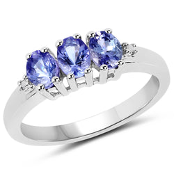 1.00 Carat Genuine Tanzanite and White Diamond .925 Sterling Silver Ring