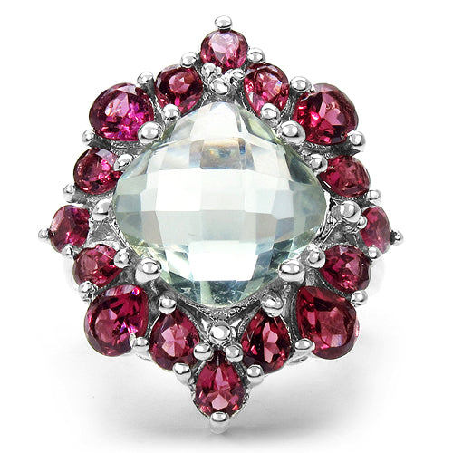 8.61 Carat Genuine Green Amethyst & Rhodolite .925 Sterling Silver Ring