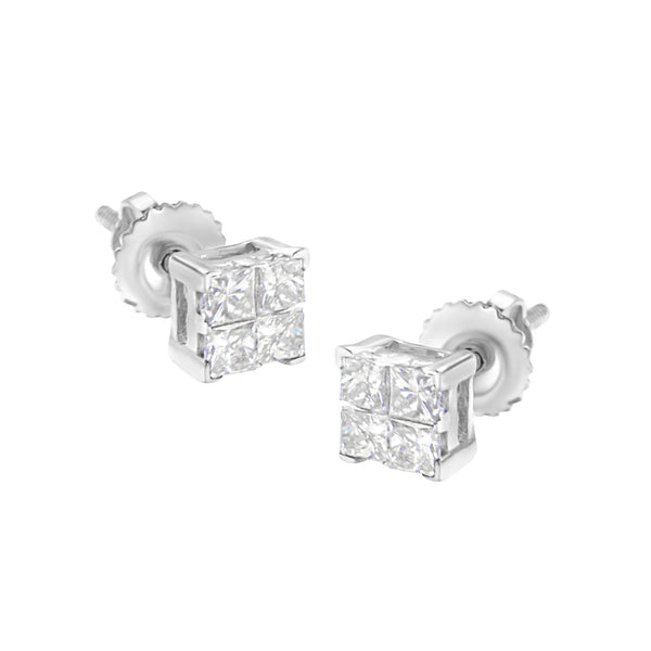 10K White Gold 1/2 cttw Princess-cut Diamond 4 Stone Composite Quad Stud Earring (H-I Color, I1-I2 Clarity)