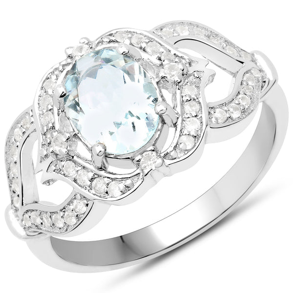 1.37 Carat Genuine Aquamarine and White Zircon .925 Sterling Silver Ring