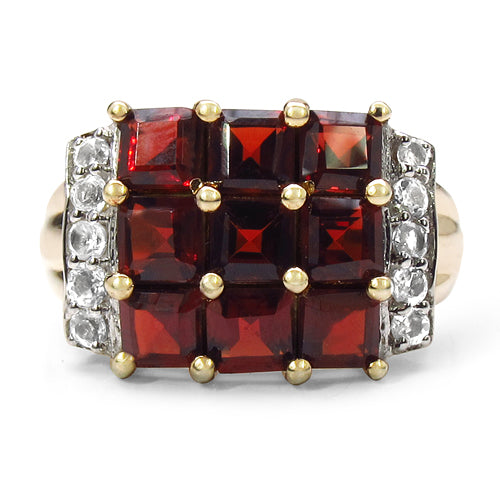 14K Yellow Gold Plated 4.04 Carat Genuine Garnet & White Topaz .925 Sterling Silver Ring